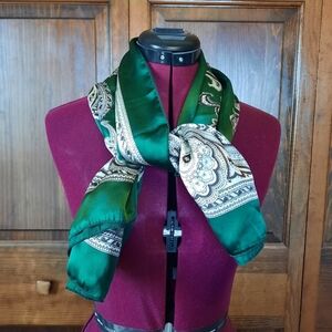 Vintage 100% Thai Silk Dark Green Brown Paisley Print Patterned Scarf